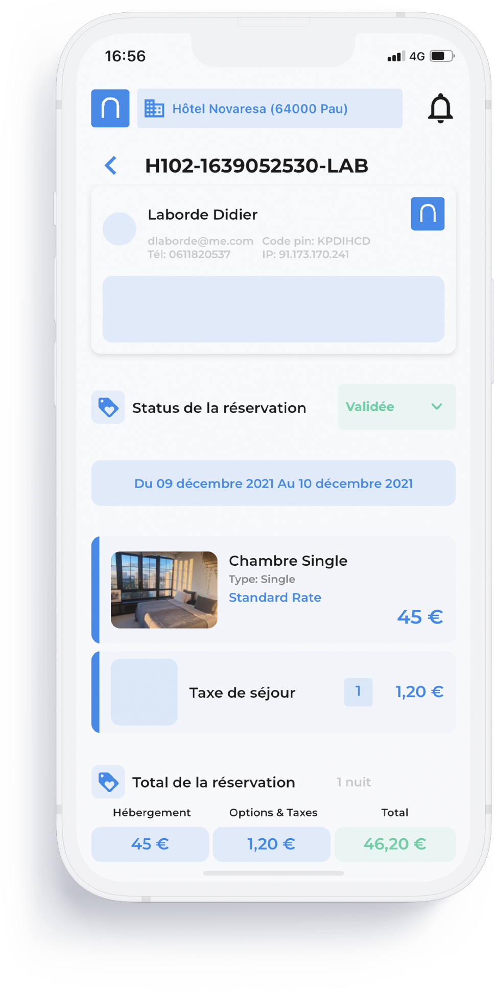 fiche de réservation dans l'application mobile novaresa
