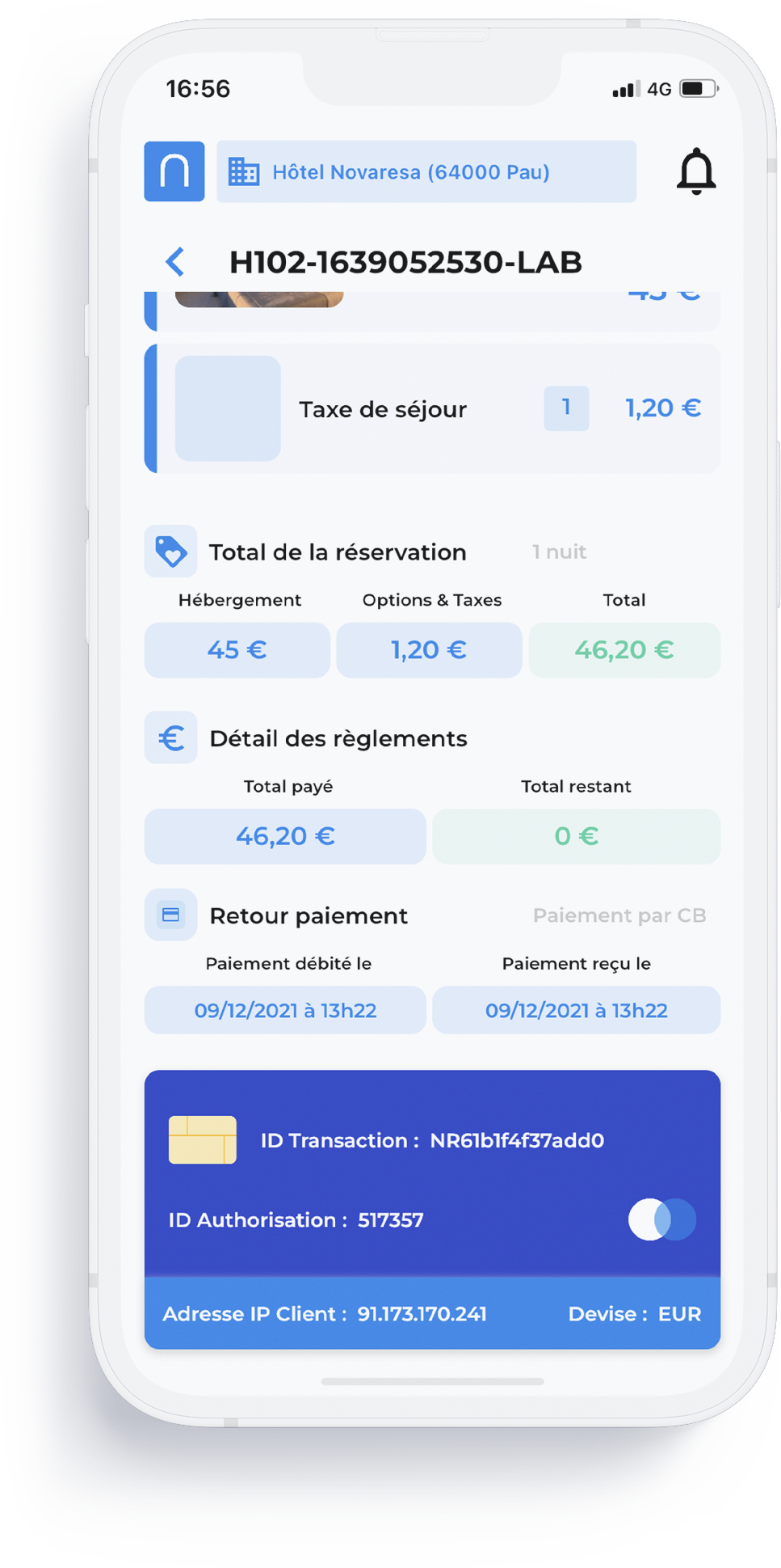 suite de la fiche de réservation dans l'application mobile novaresa