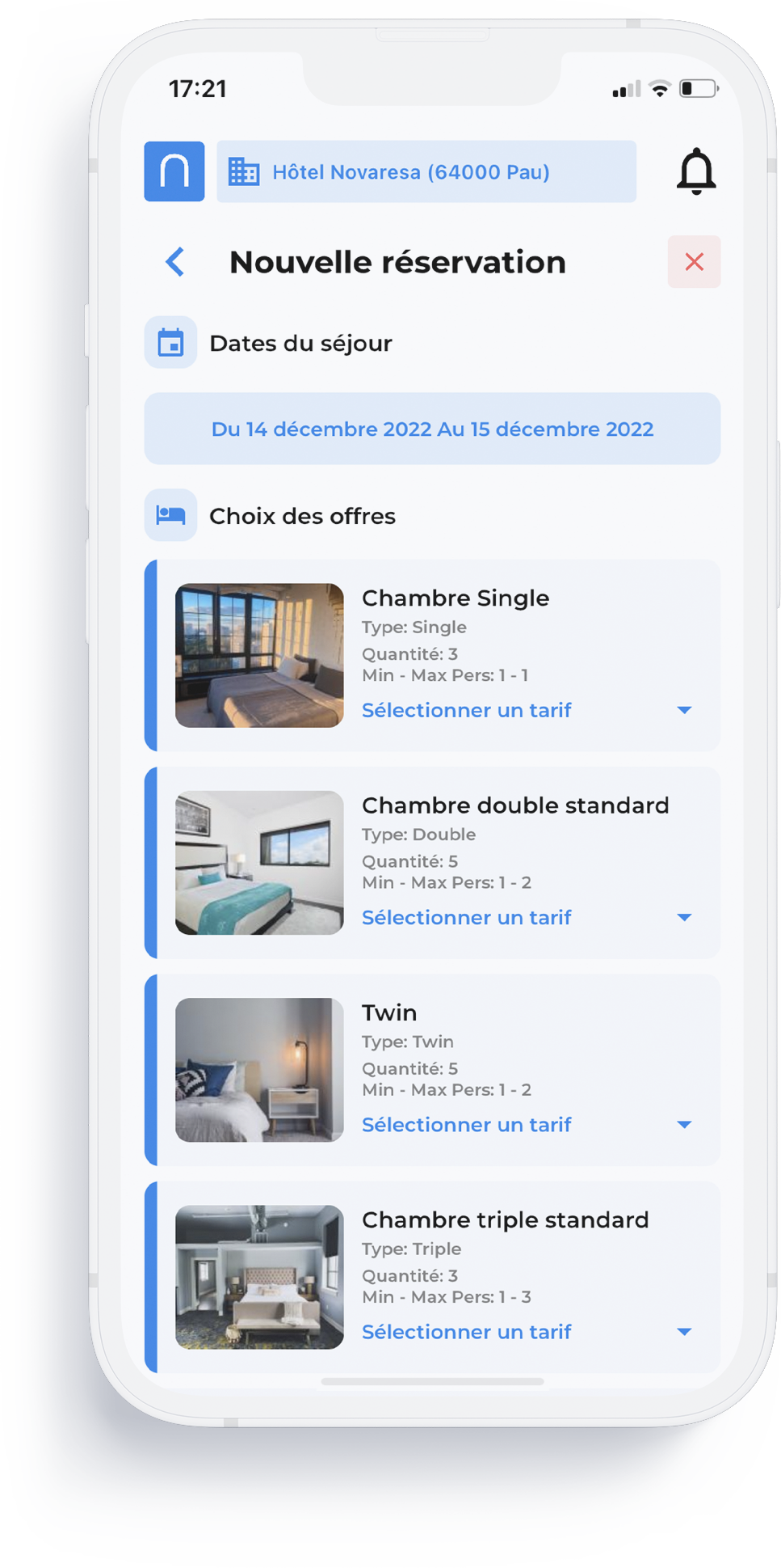 sélection des produits pour une nouvelle réservation dans l'application mobile novaresa