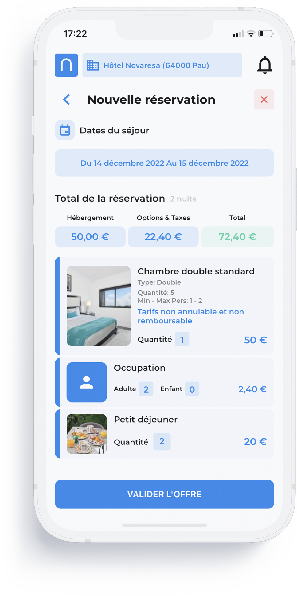 récapitulatif d'une nouvelle réservation dans l'application mobile novaresa