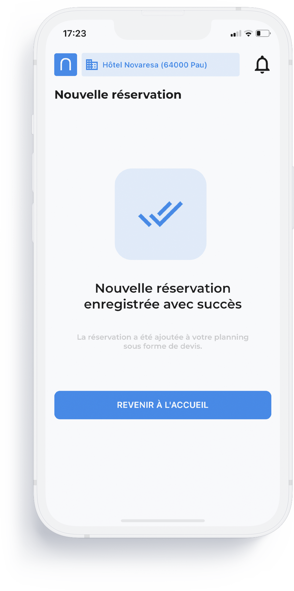 nouvelle réservation validée dans l'application mobile novaresa