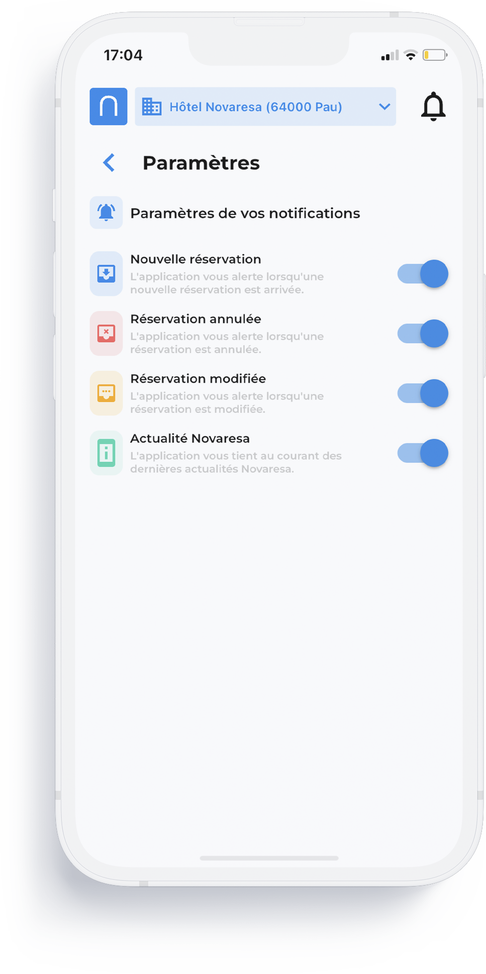 réglages des notifications dans l'application mobile novaresa