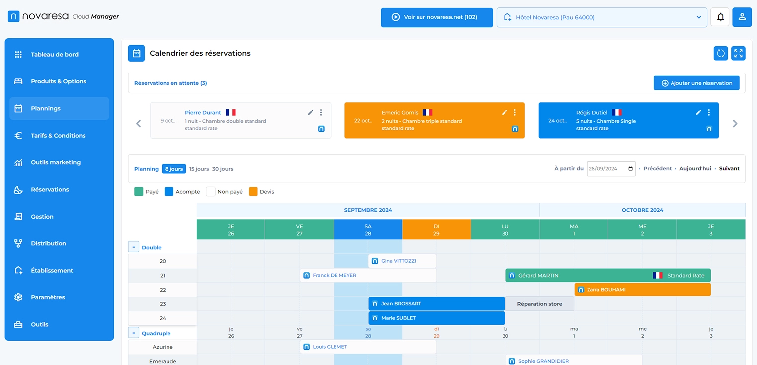 planning des réservations de novaresa logiciel de gestion pour hôtel