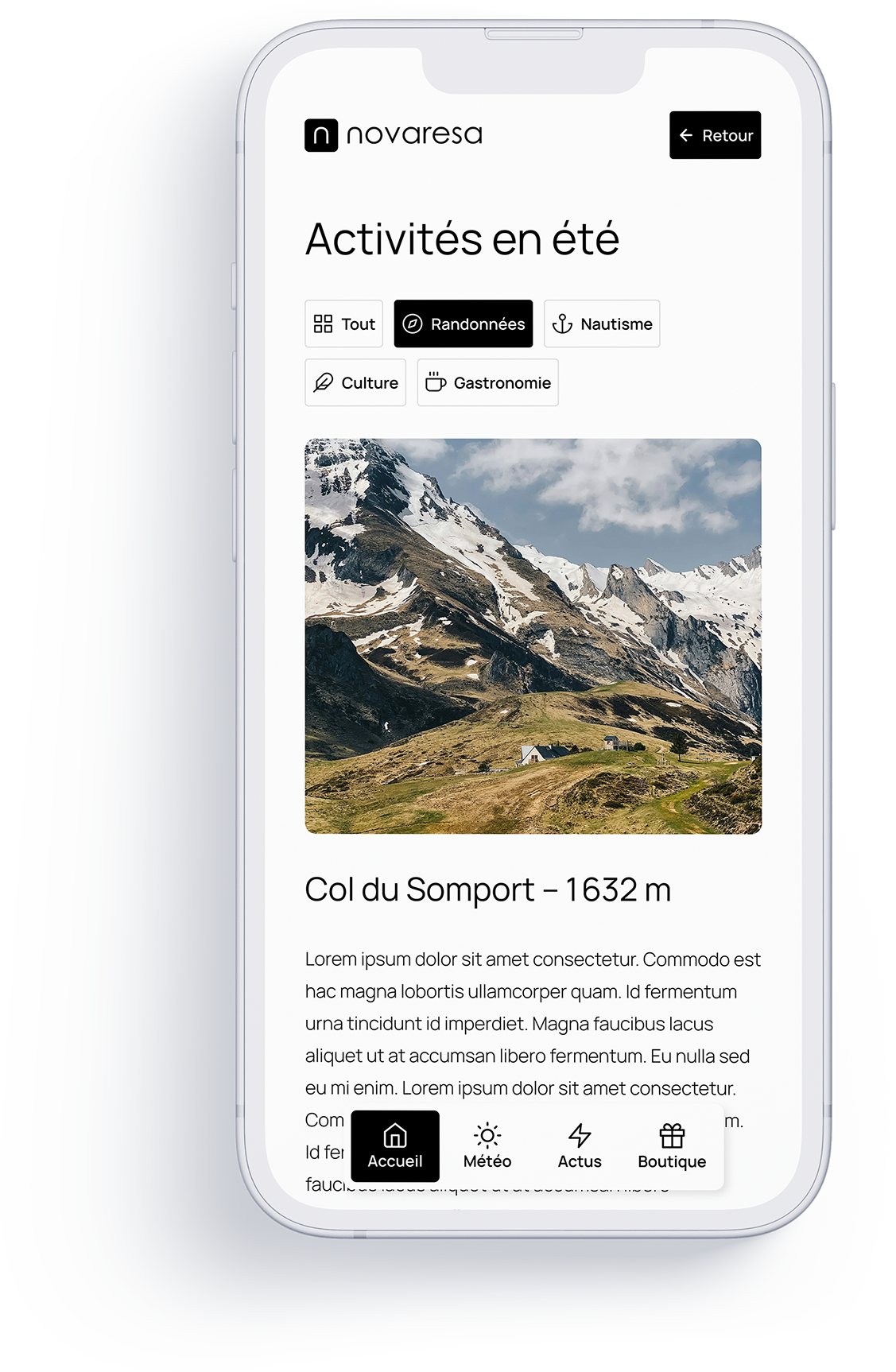 page d'activité en été du livret d'accueil digital pour hôtel novaresa sur mobile