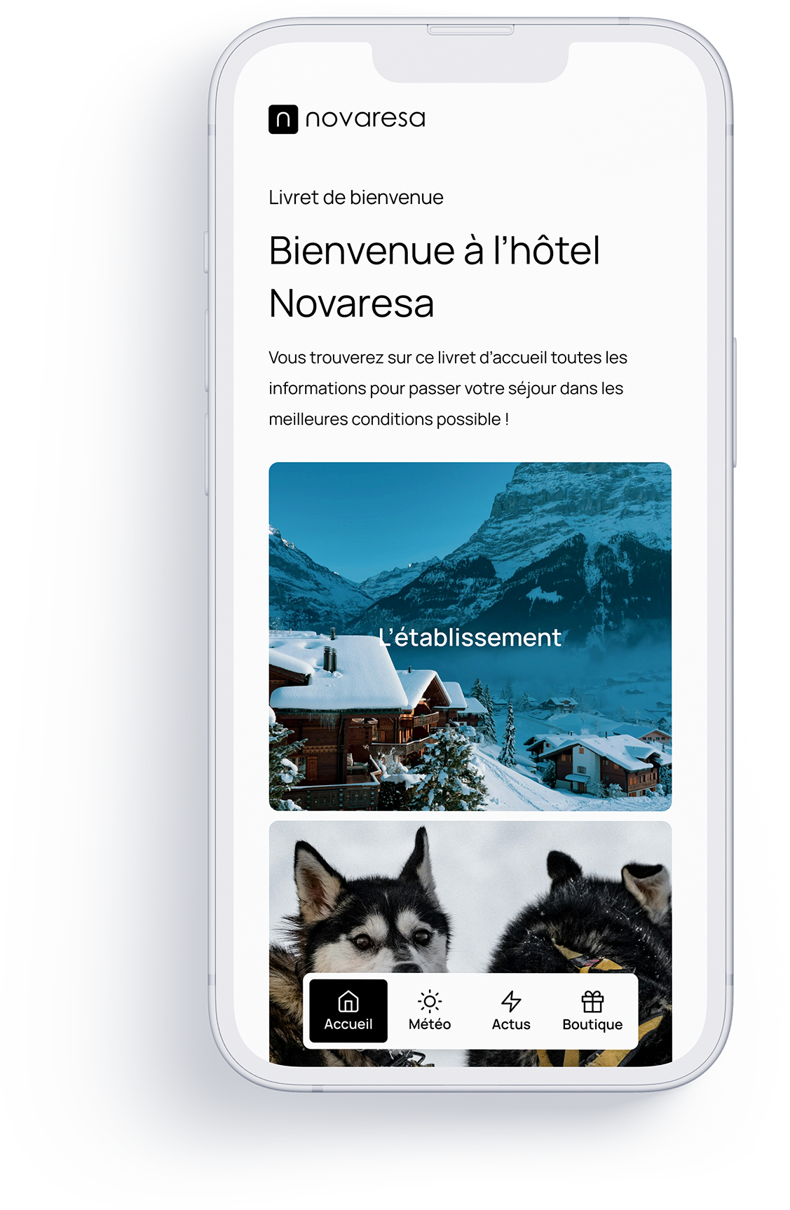 page d'accueil du livret d'accueil digital pour hôtel novaresa sur mobile